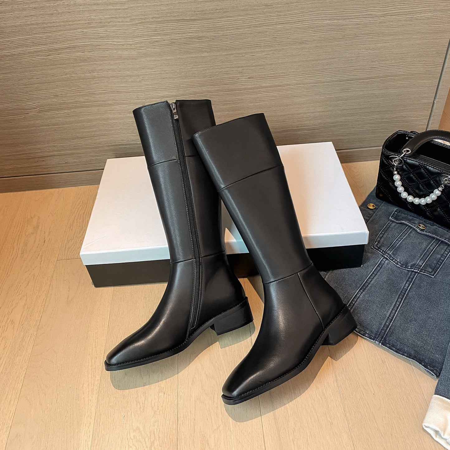 Nine Seven Handmade Women's Genuine Leather Comfortable Chunky Heel Side Zip Up Classic Square Toe Stylish Knee-High Boots