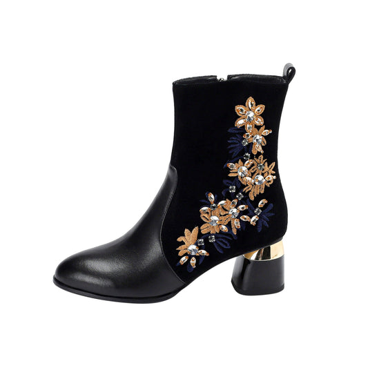 Nine Seven Handmade Women's Suede Leather Stitching Ethnic Embroidered Floral Round Toe Mid Chunky Heel Side Zipper Ankle Boots