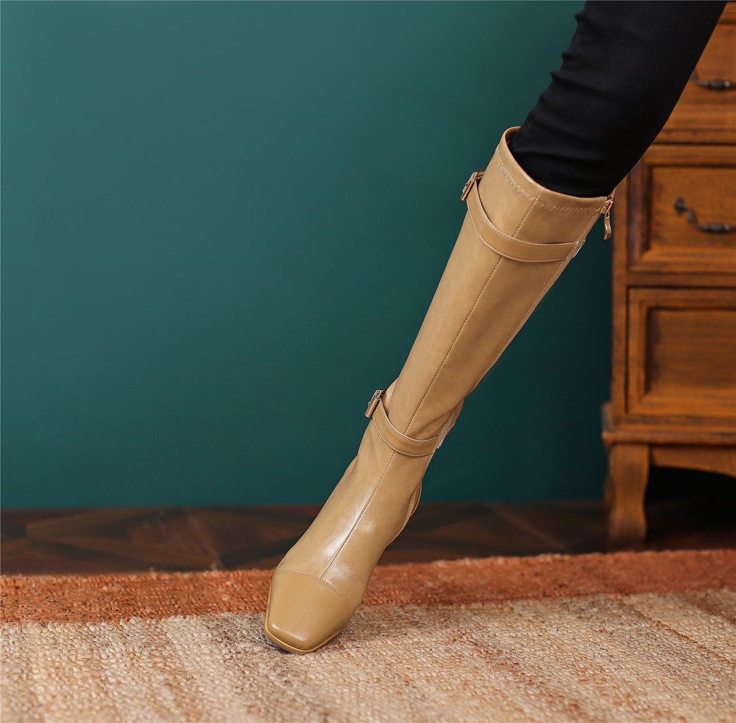 Nine Seven Women's Square Toe Genuine Leather Handmade Zipper Chunky Heels Trendy Knee High Boots with Buckles