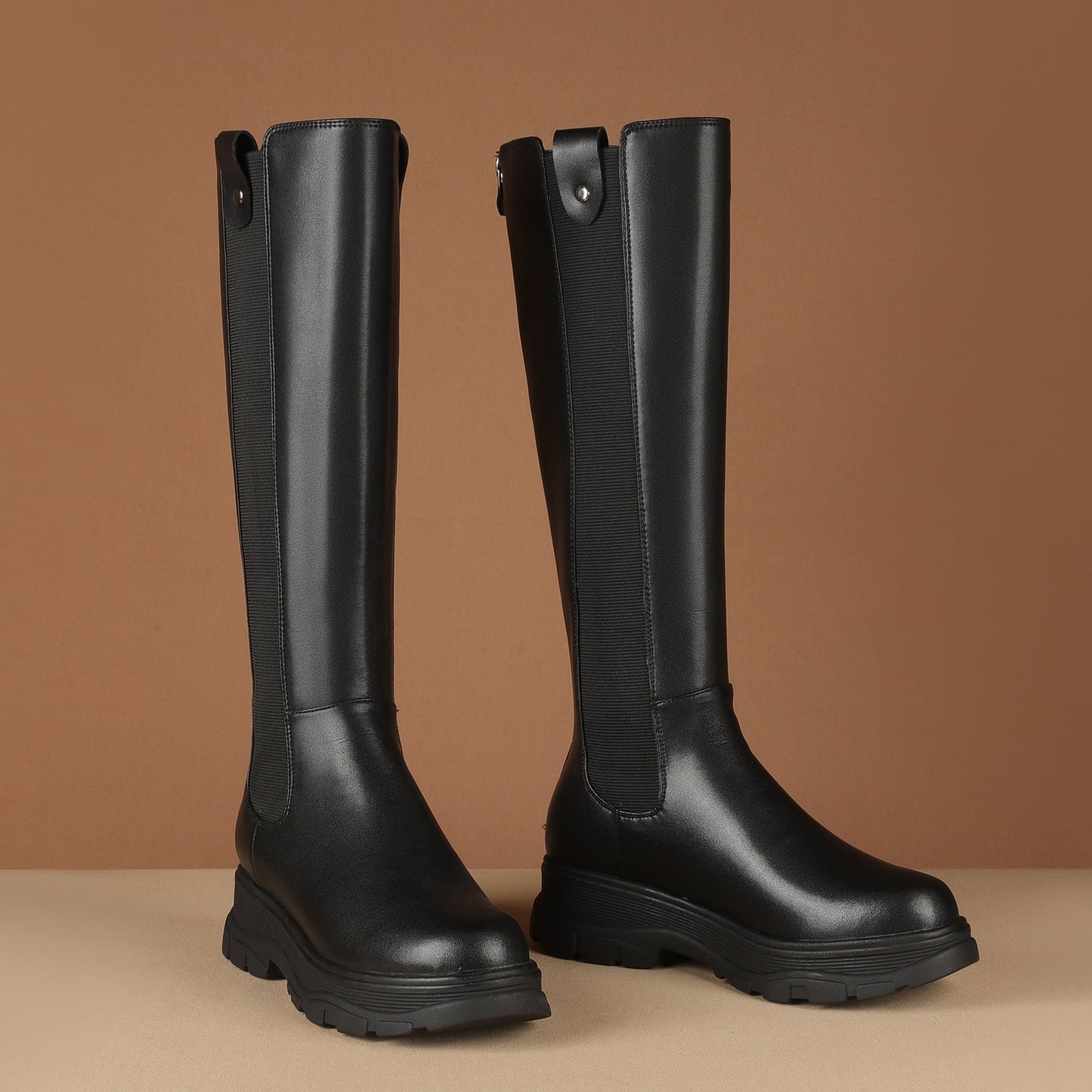 Nine Seven Women's Genuine Leather Round Toe Handmade Platform Back Zipper Stylish Knee High Boots