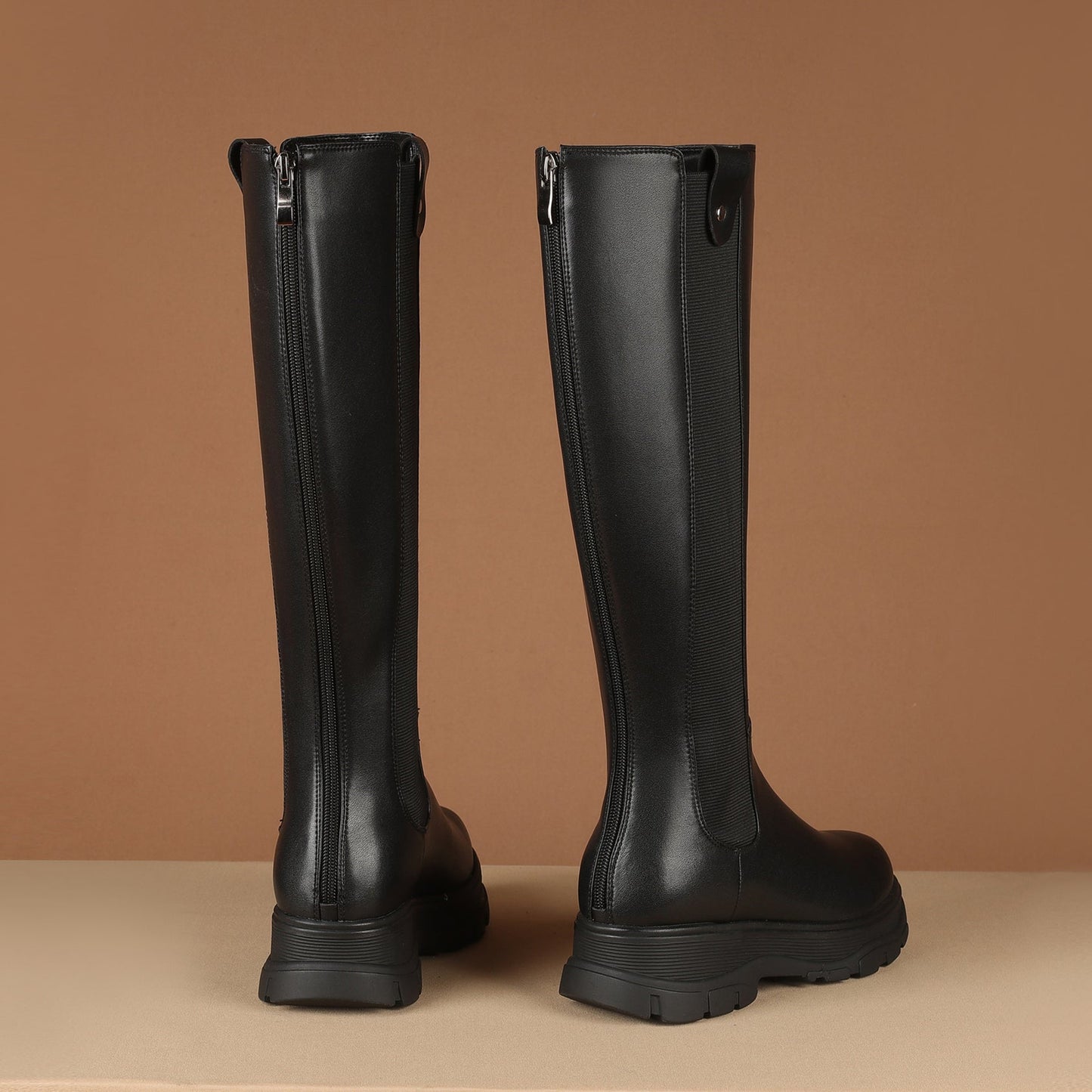 Nine Seven Women's Genuine Leather Round Toe Handmade Platform Back Zipper Stylish Knee High Boots