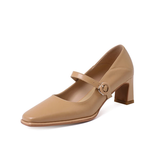 Nine Seven Women's Genuine Leather Handmade Classic Square Toe Mid Heel Buckle Closure Mary Jane Pumps