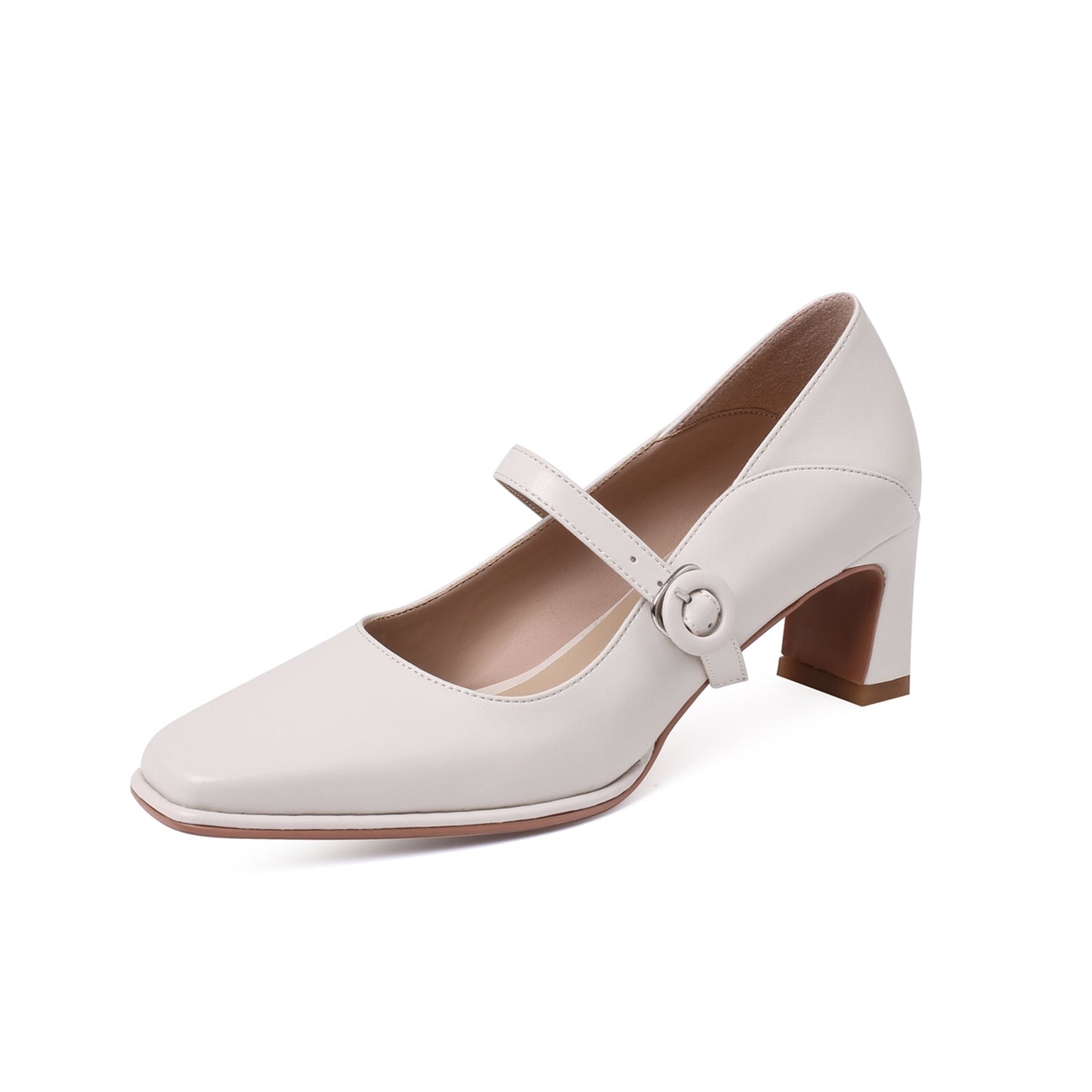 Nine Seven Women's Genuine Leather Handmade Classic Square Toe Mid Heel Buckle Closure Mary Jane Pumps