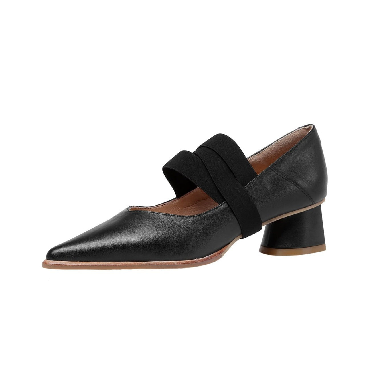 Nine Seven Women's Genuine Leather Pointed Toe Handmade Elastic Band Low Chunky Heel Comfort Pumps Shoes