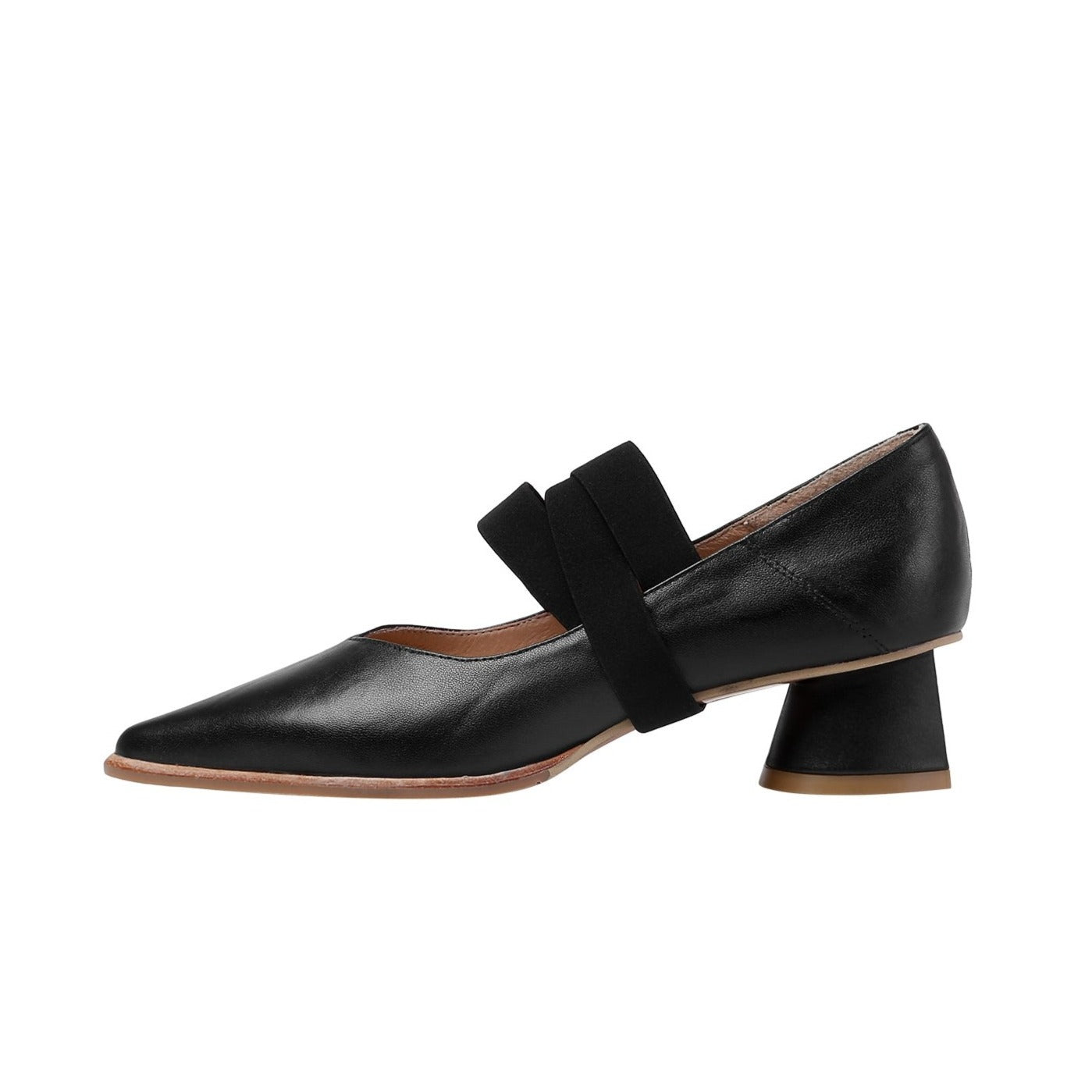 Nine Seven Women's Genuine Leather Pointed Toe Handmade Elastic Band Low Chunky Heel Comfort Pumps Shoes