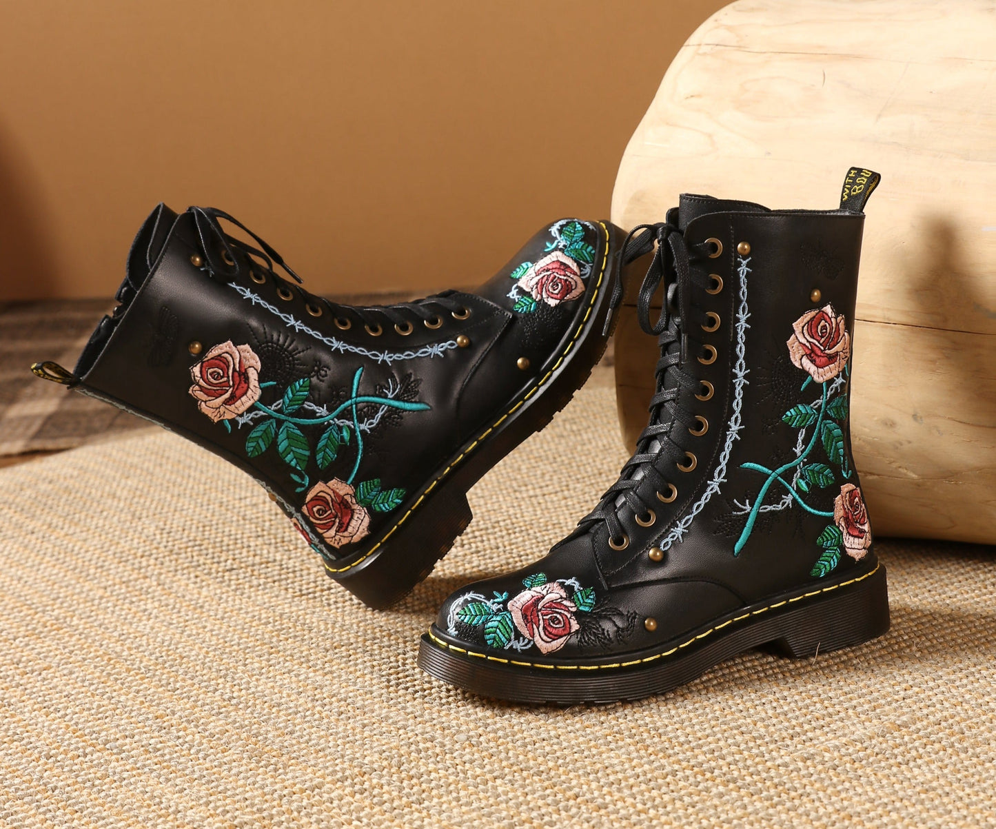 Nine Seven Handmade Women's Genuine Leather Ethnic Embroidered Floral Round Toe Low Chunky Heel Front Lace Up Combat Boots