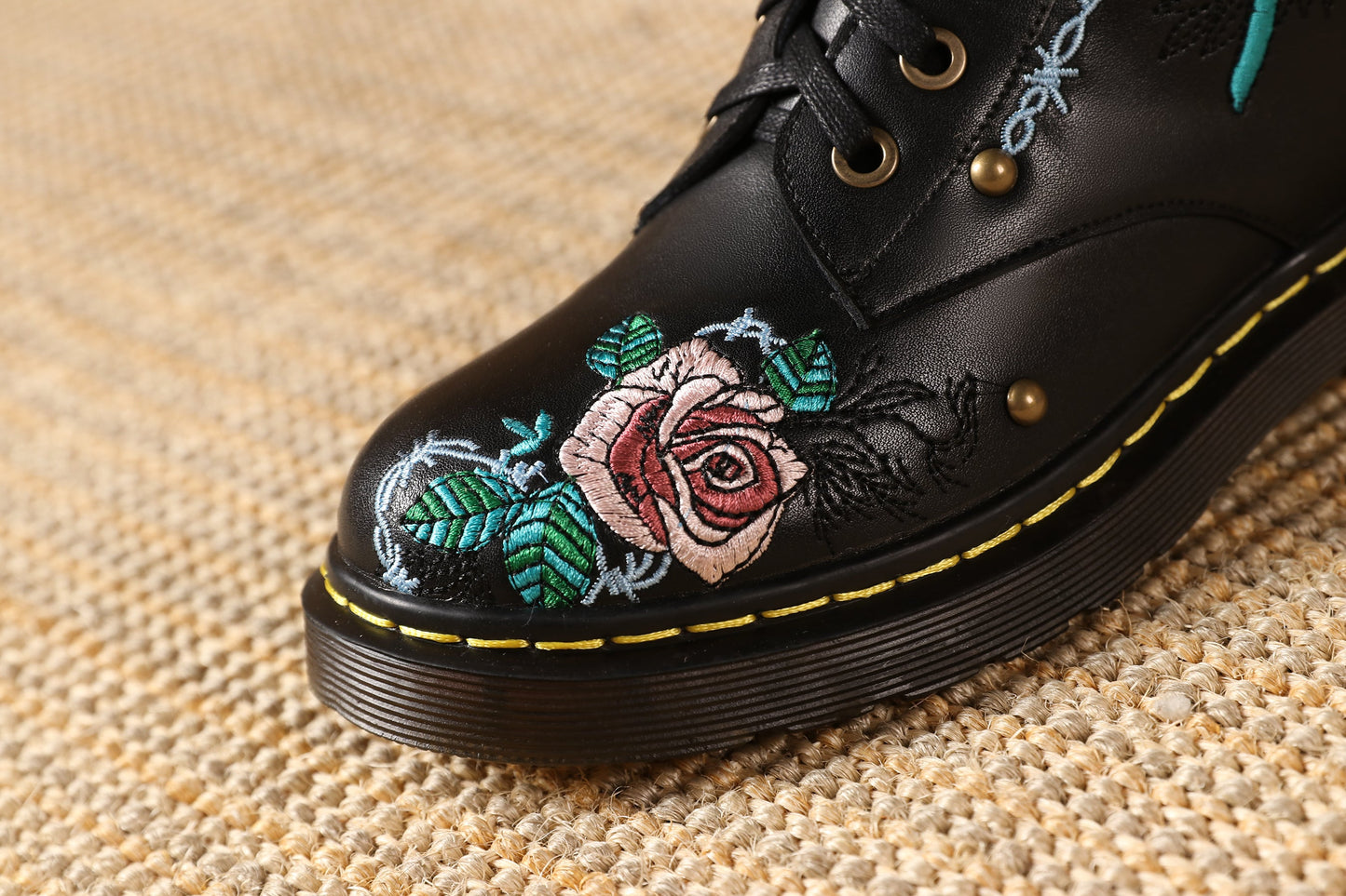 Nine Seven Handmade Women's Genuine Leather Ethnic Embroidered Floral Round Toe Low Chunky Heel Front Lace Up Combat Boots