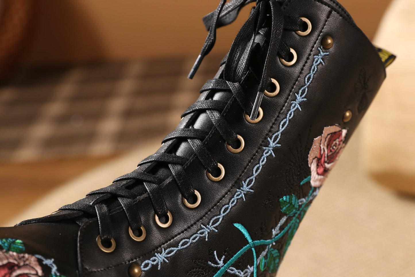 Nine Seven Handmade Women's Genuine Leather Ethnic Embroidered Floral Round Toe Low Chunky Heel Front Lace Up Combat Boots