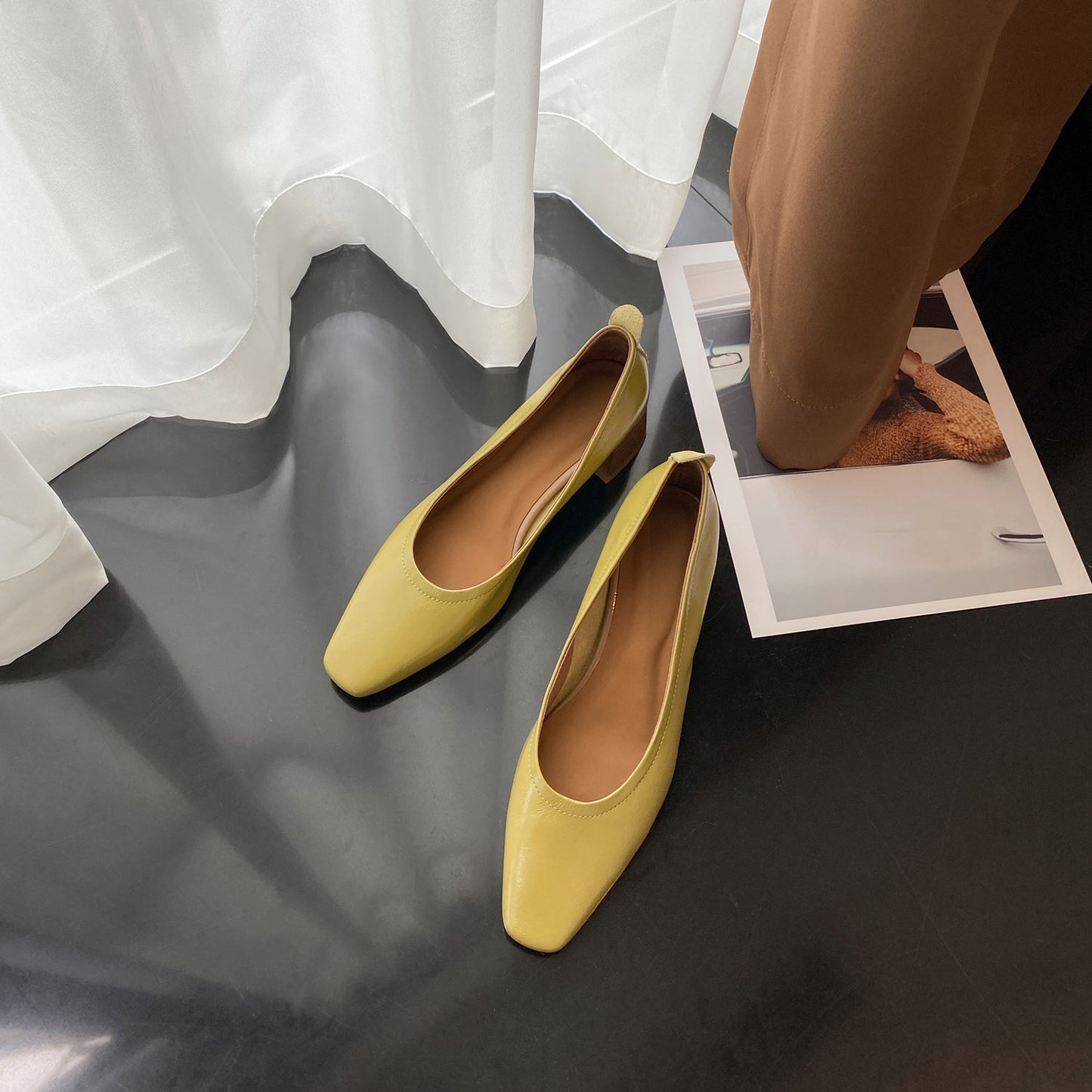 Nine Seven Women's Handmade Genuine Leather Chunky Heel Little Toe Slip On Office Pumps