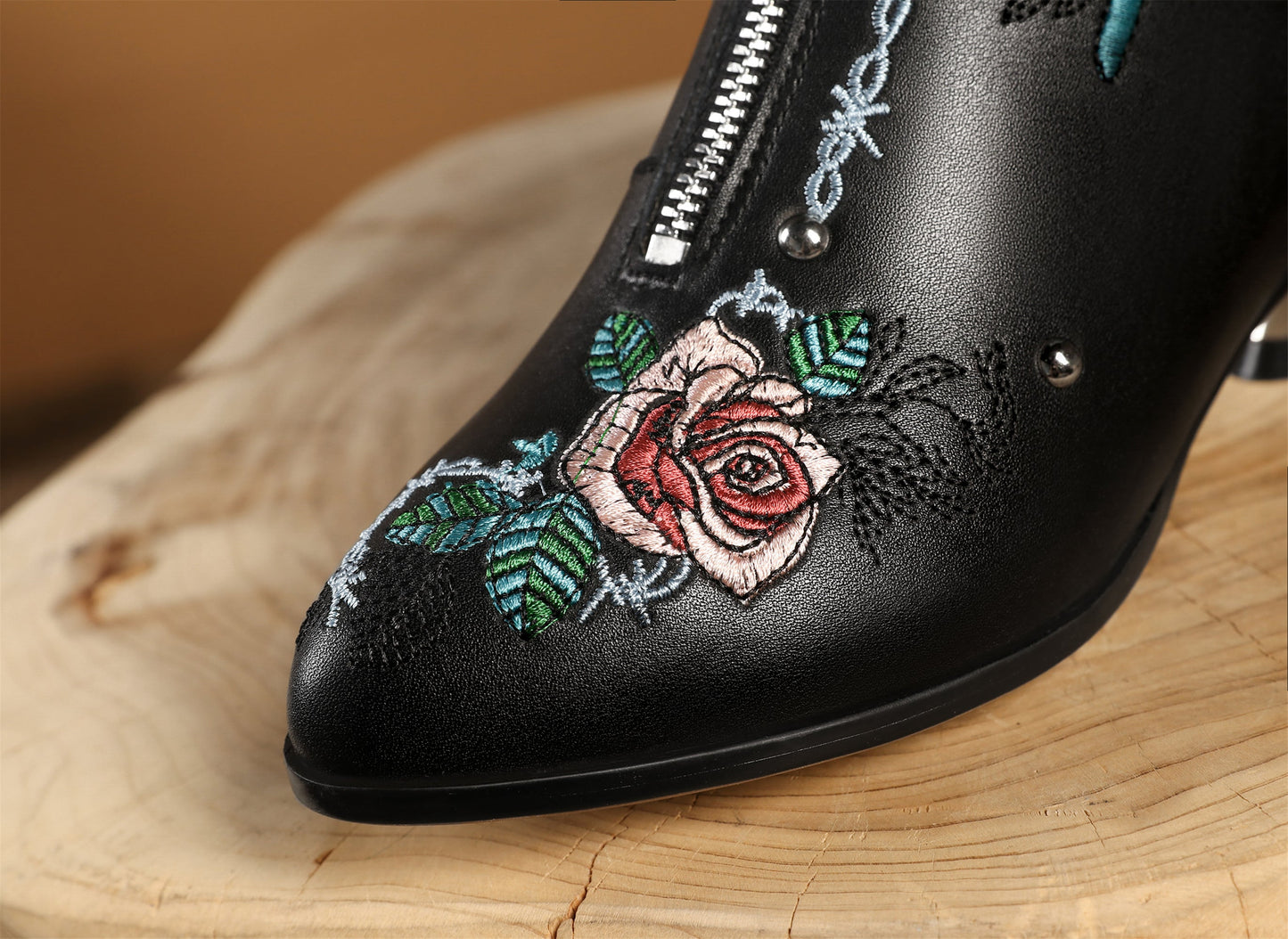 Nine Seven Handmade Women's Genuine Leather Ethnic Embroidered Floral Pointed Toe Low Chunky Heel Front Zipper Mid-Calf Boots