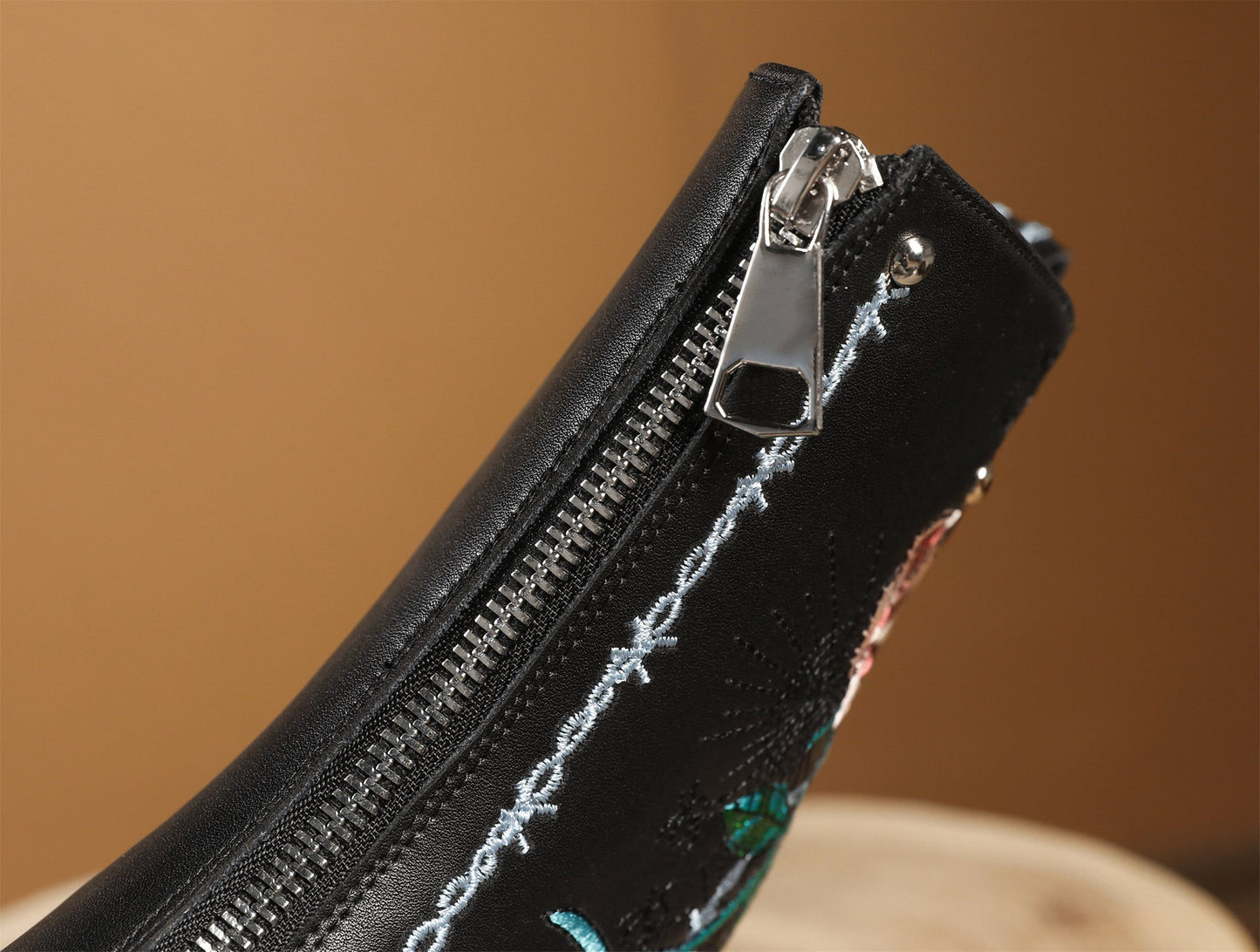 Nine Seven Handmade Women's Genuine Leather Ethnic Embroidered Floral Pointed Toe Low Chunky Heel Front Zipper Mid-Calf Boots