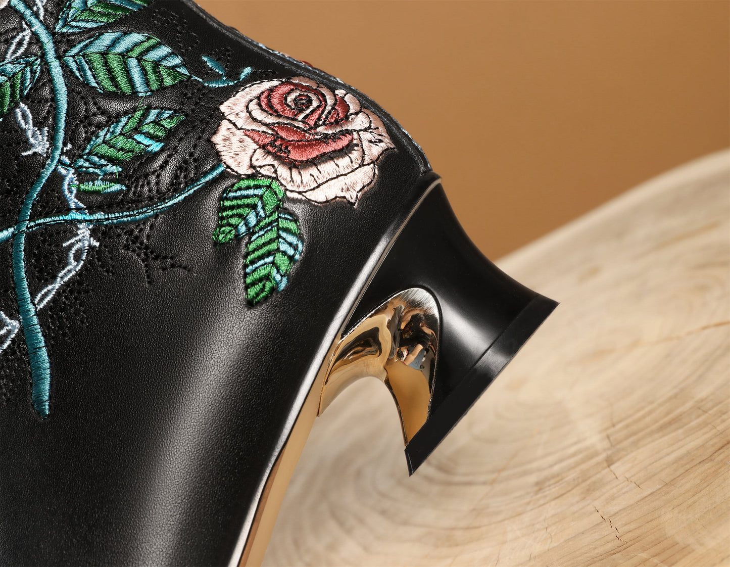 Nine Seven Handmade Women's Genuine Leather Ethnic Embroidered Floral Pointed Toe Low Chunky Heel Front Zipper Mid-Calf Boots