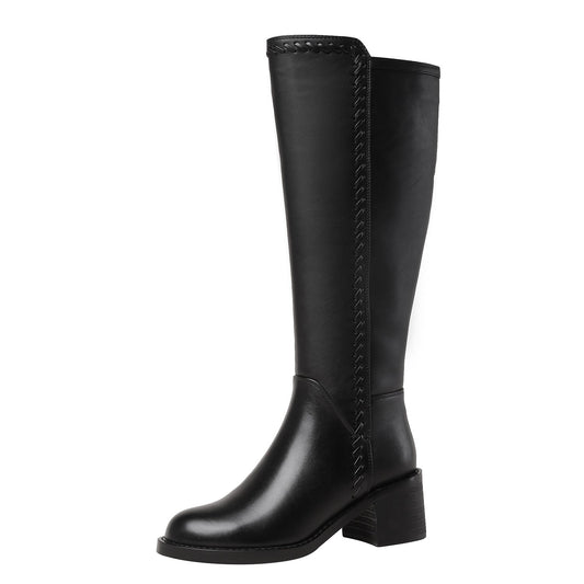 Nine Seven Women's Handmade Genuine Leather Round Toe Mid Block Heel Side Zip Up Black Knee High Boots