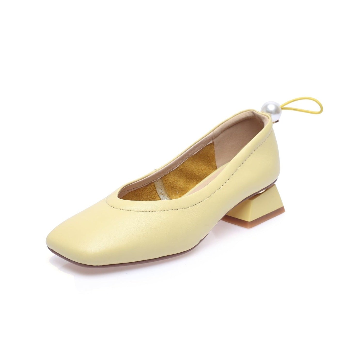 Nine Seven Genuine Leather Women's Handmade Square Toe Low Chunky Heel Slip On Loafer Pump Shoes with Pearl