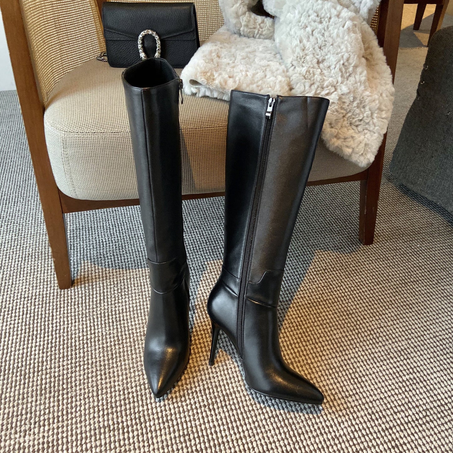 Nine Seven Genuine Leather Women's Pointed Toe Side Zip Handmade Stiletto High Heel Knee High Boots