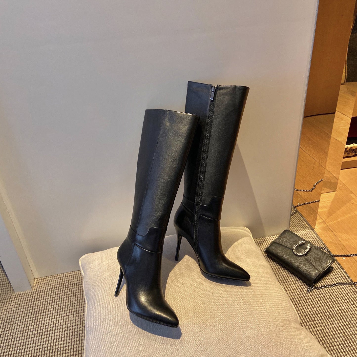 Nine Seven Genuine Leather Women's Pointed Toe Side Zip Handmade Stiletto High Heel Knee High Boots