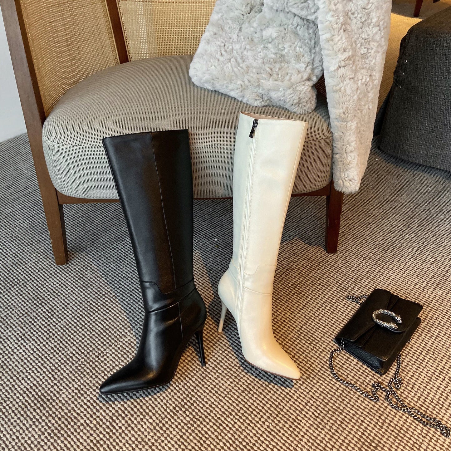 Nine Seven Genuine Leather Women's Pointed Toe Side Zip Handmade Stiletto High Heel Knee High Boots