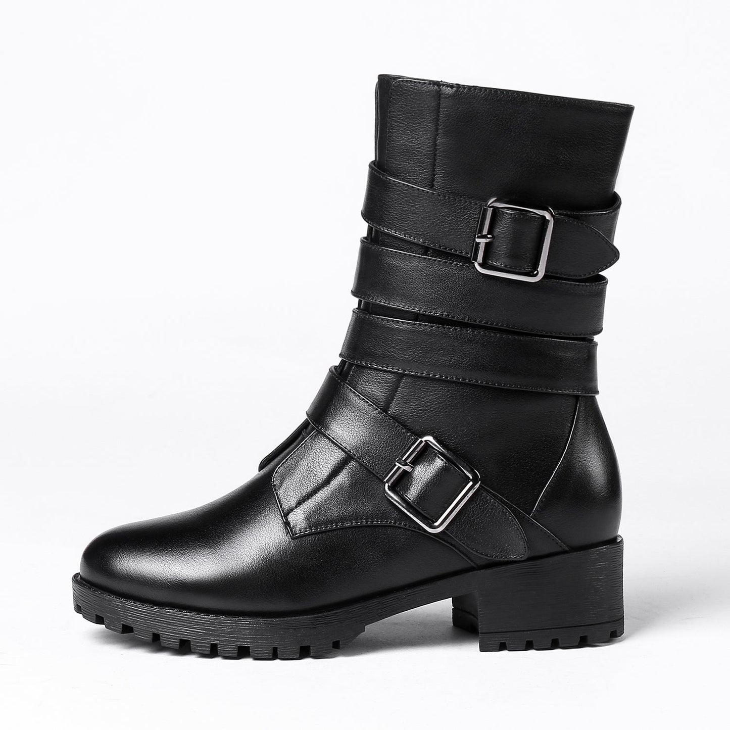 Nine Seven Women's Round Toe Genuine Leather Handmade Buckle Belt Zip Up Chic Mid Calf Boots