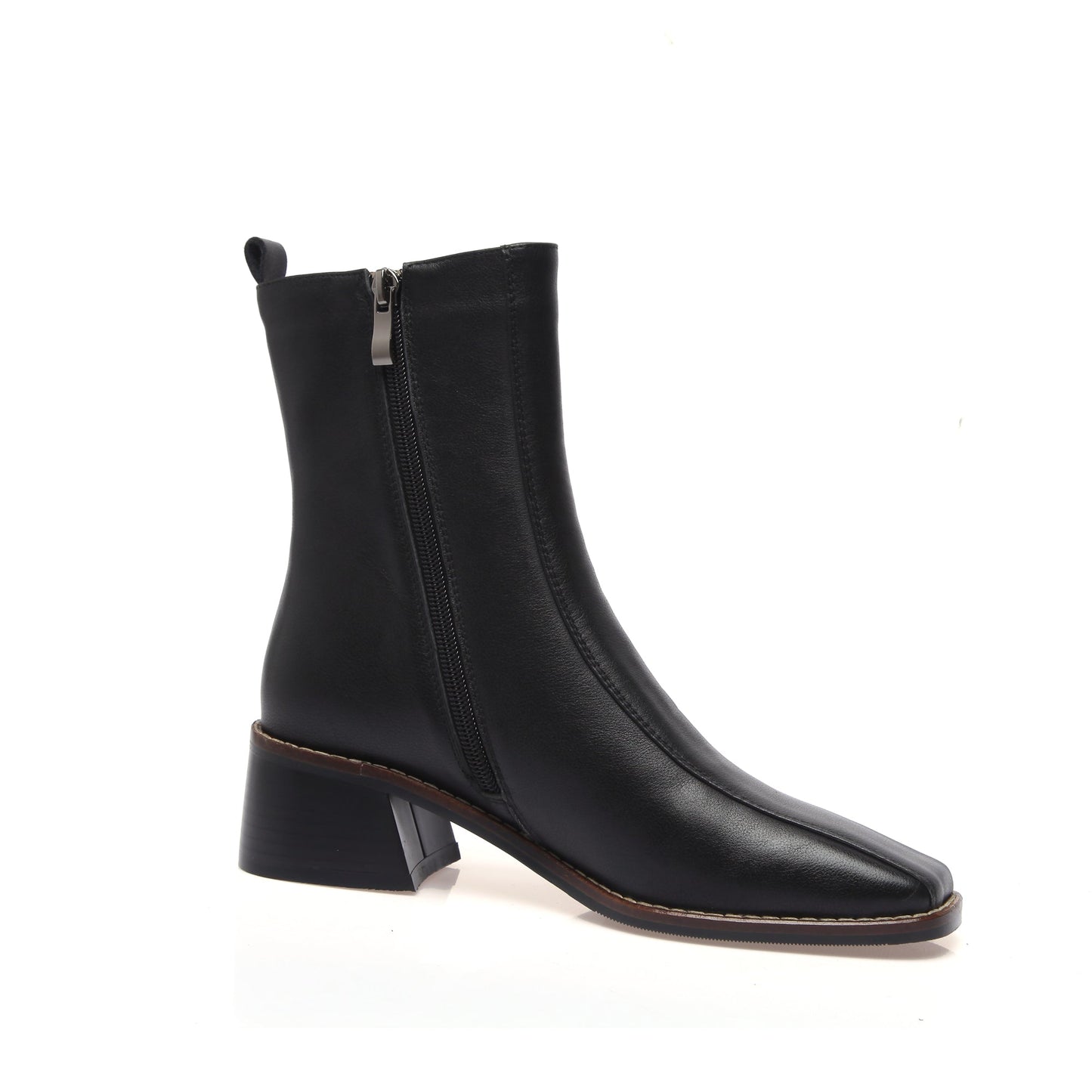 Nine Seven Women's Genuine Leather Square Toe Side Zip Up Handmade Low Chunky Heel Chic Mid-Calf Boots