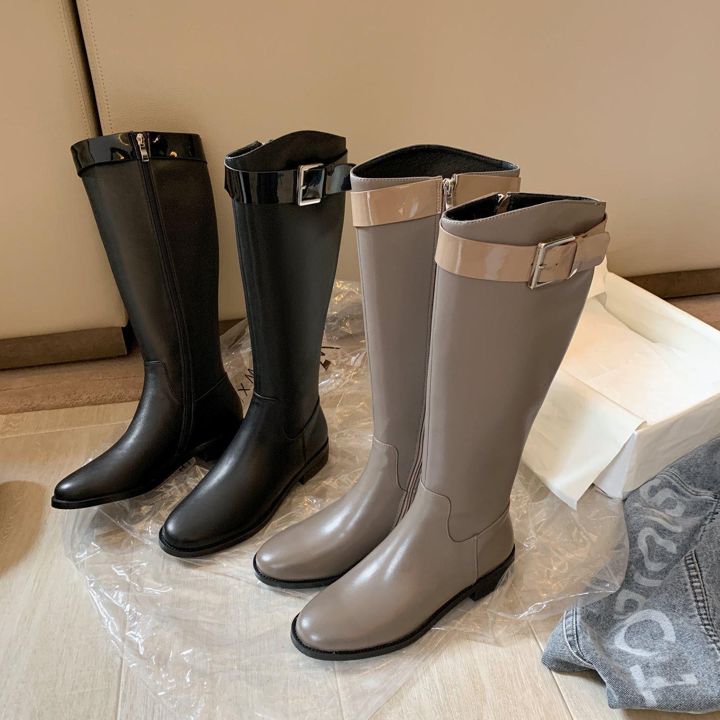 Nine Seven Women's Handmade Genuine Leather Round Toe Low Block Heel Side Zip Up Patent Belt Decor Knee High Riding Boots