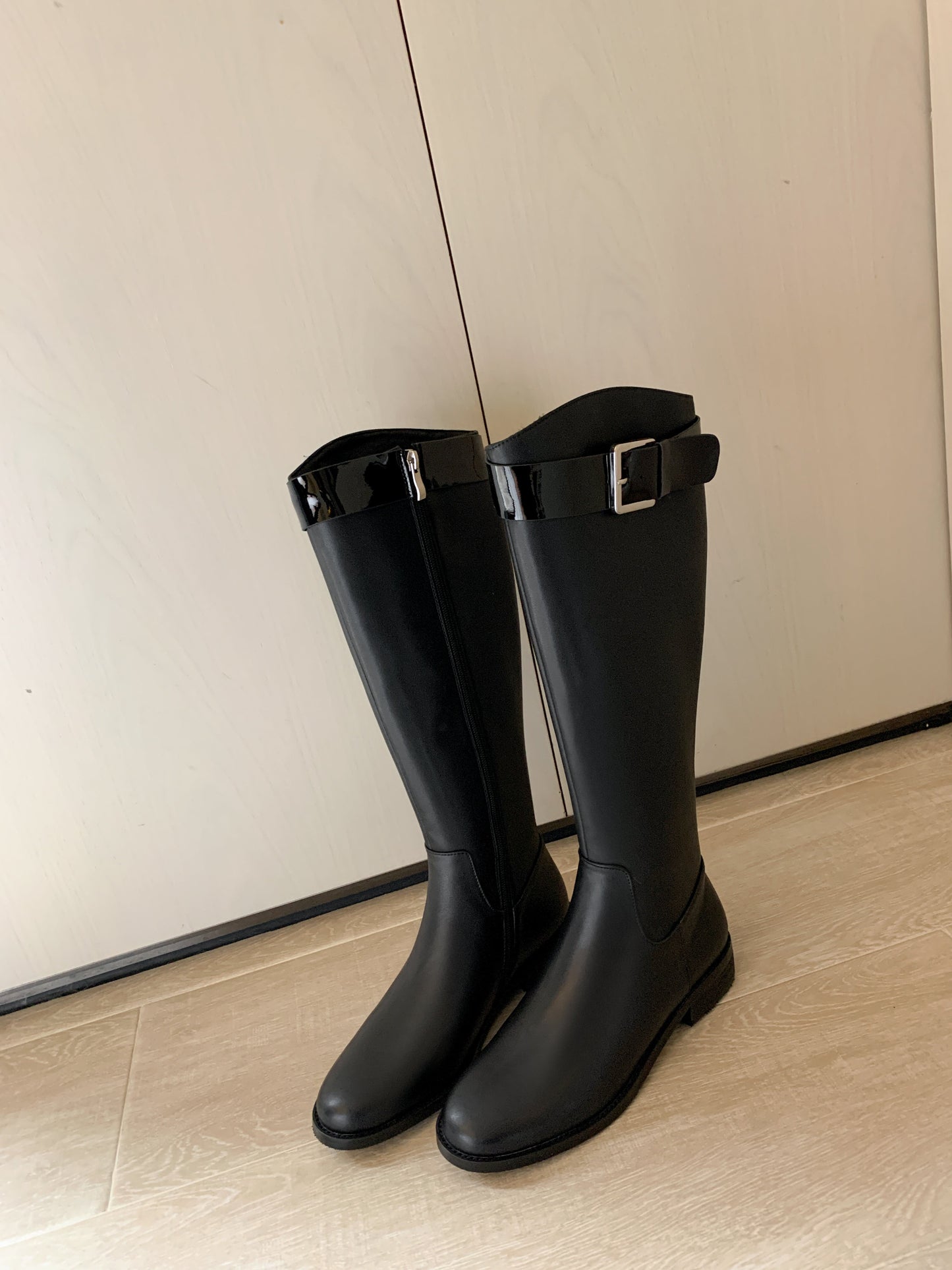 Nine Seven Women's Handmade Genuine Leather Round Toe Low Block Heel Side Zip Up Patent Belt Decor Knee High Riding Boots