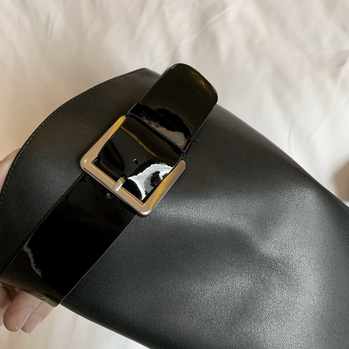 Nine Seven Women's Handmade Genuine Leather Round Toe Low Block Heel Side Zip Up Patent Belt Decor Knee High Riding Boots