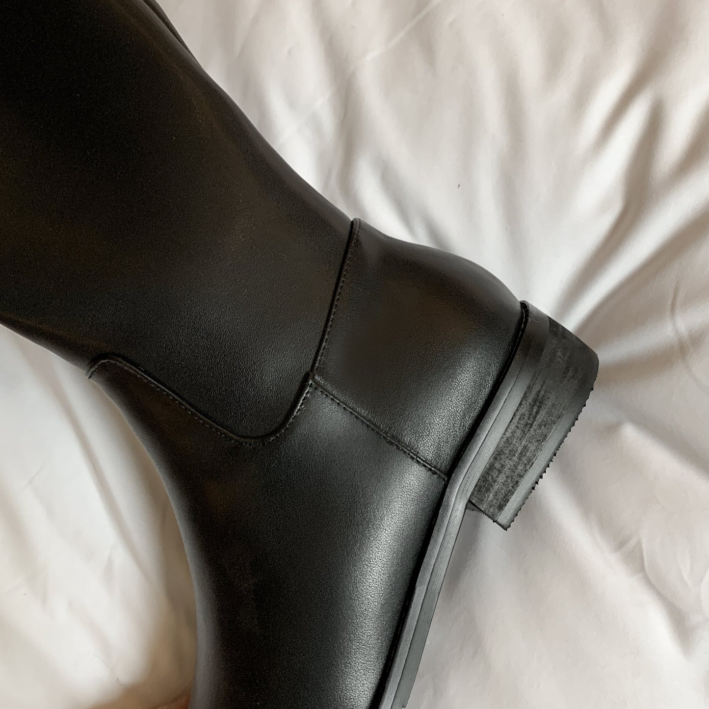 Nine Seven Women's Handmade Genuine Leather Round Toe Low Block Heel Side Zip Up Patent Belt Decor Knee High Riding Boots