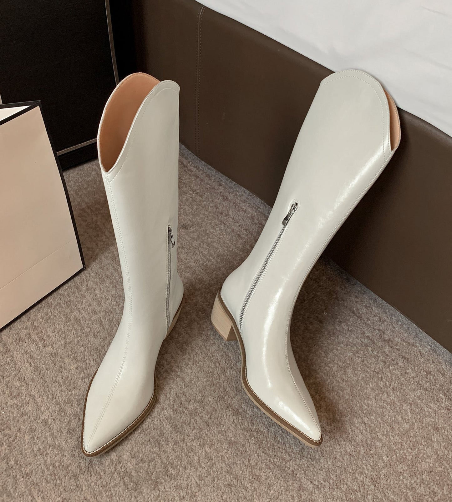 Nine Seven Women's Handmade Genuine Leather Pointed Toe Comfort Mid Block Heel Side Half Zip Up Cowboy Knee High Boots