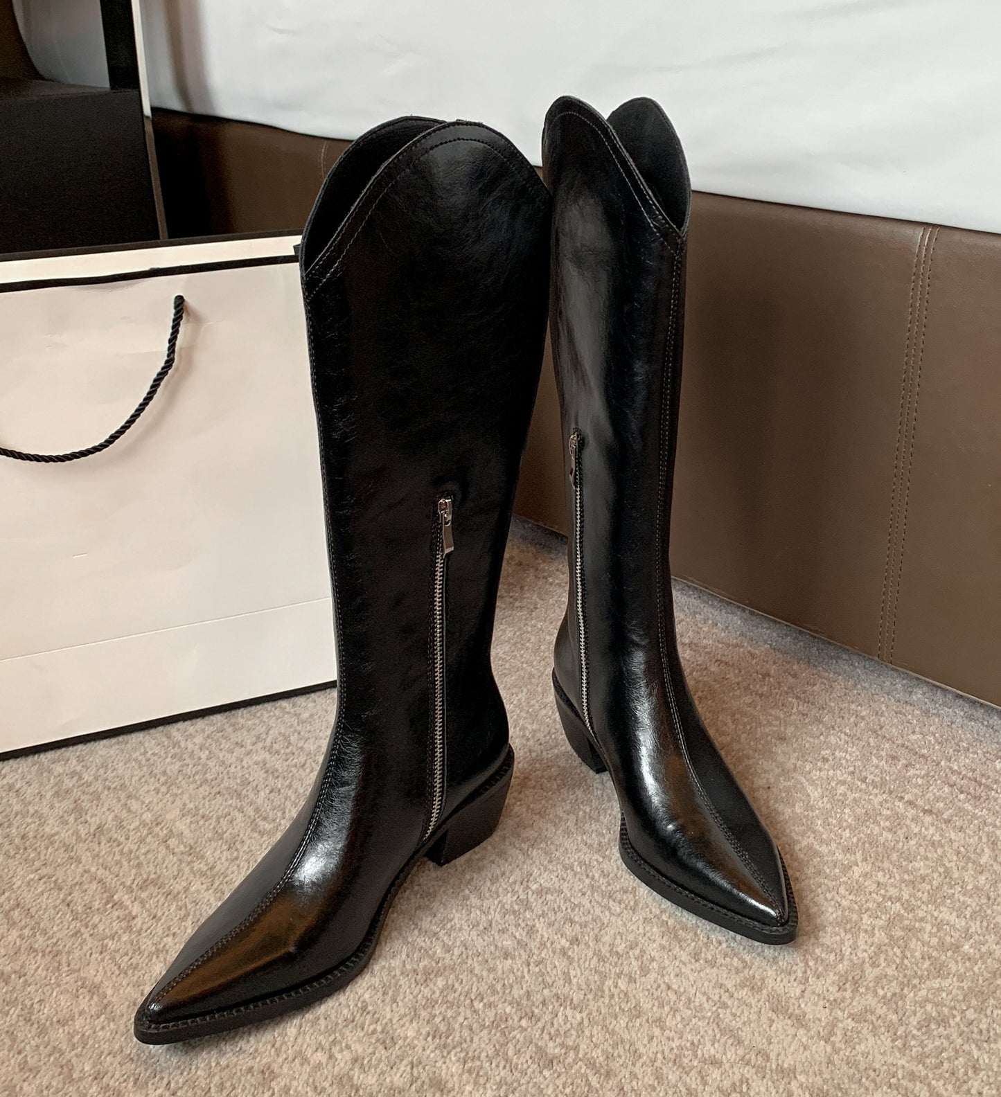 Nine Seven Women's Handmade Genuine Leather Pointed Toe Comfort Mid Block Heel Side Half Zip Up Cowboy Knee High Boots