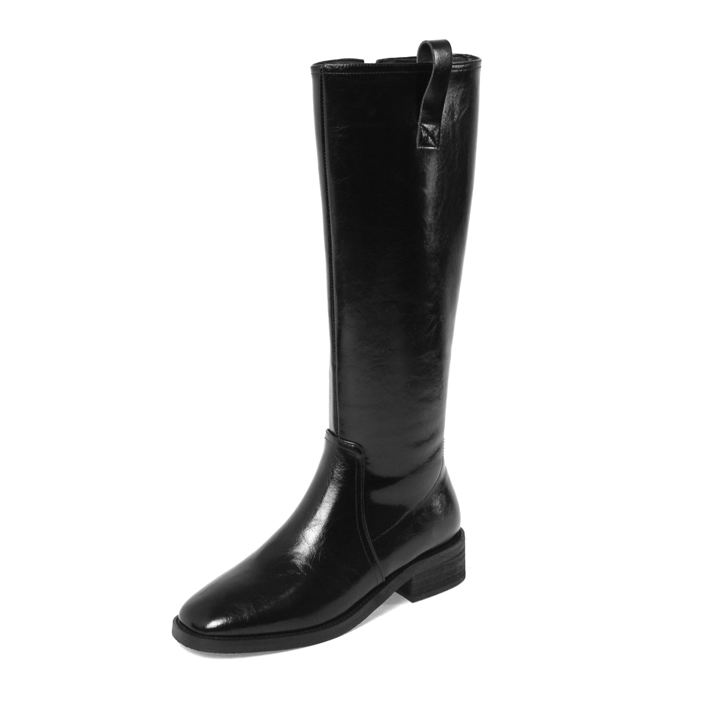 Nine Seven Women's Handmade Genuine Leather Round Toe Low Block Heel Side Zip Up Western Style Knee High Riding Boots
