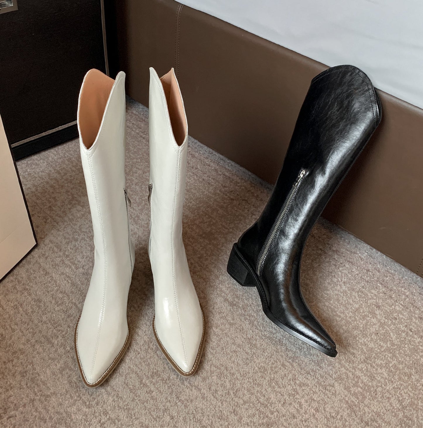 Nine Seven Women's Handmade Genuine Leather Pointed Toe Comfort Mid Block Heel Side Half Zip Up Cowboy Knee High Boots