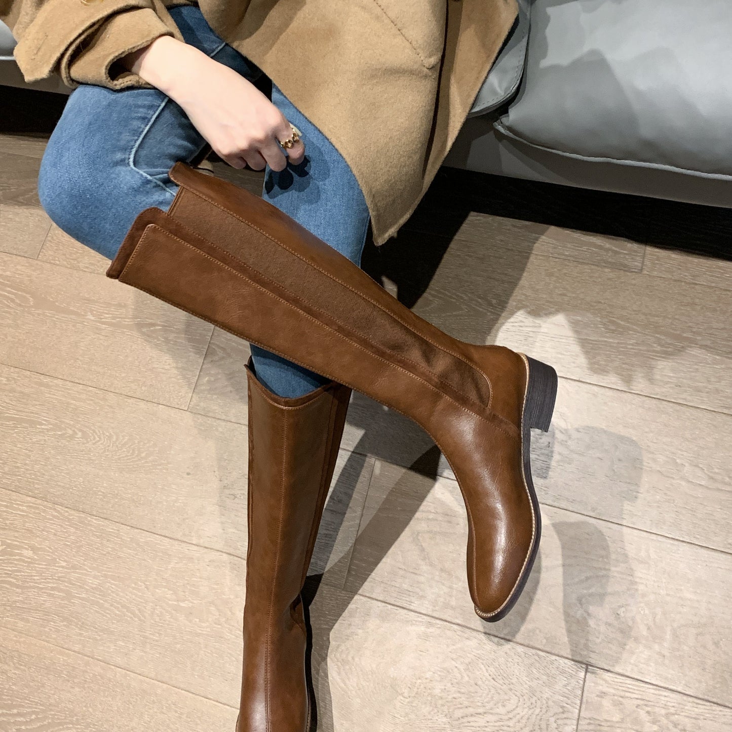 Nine Seven Women's Handmade Genuine Leather Round Toe Comfortable Low Chunky Heel Back Zip Up Knee High Riding Boots