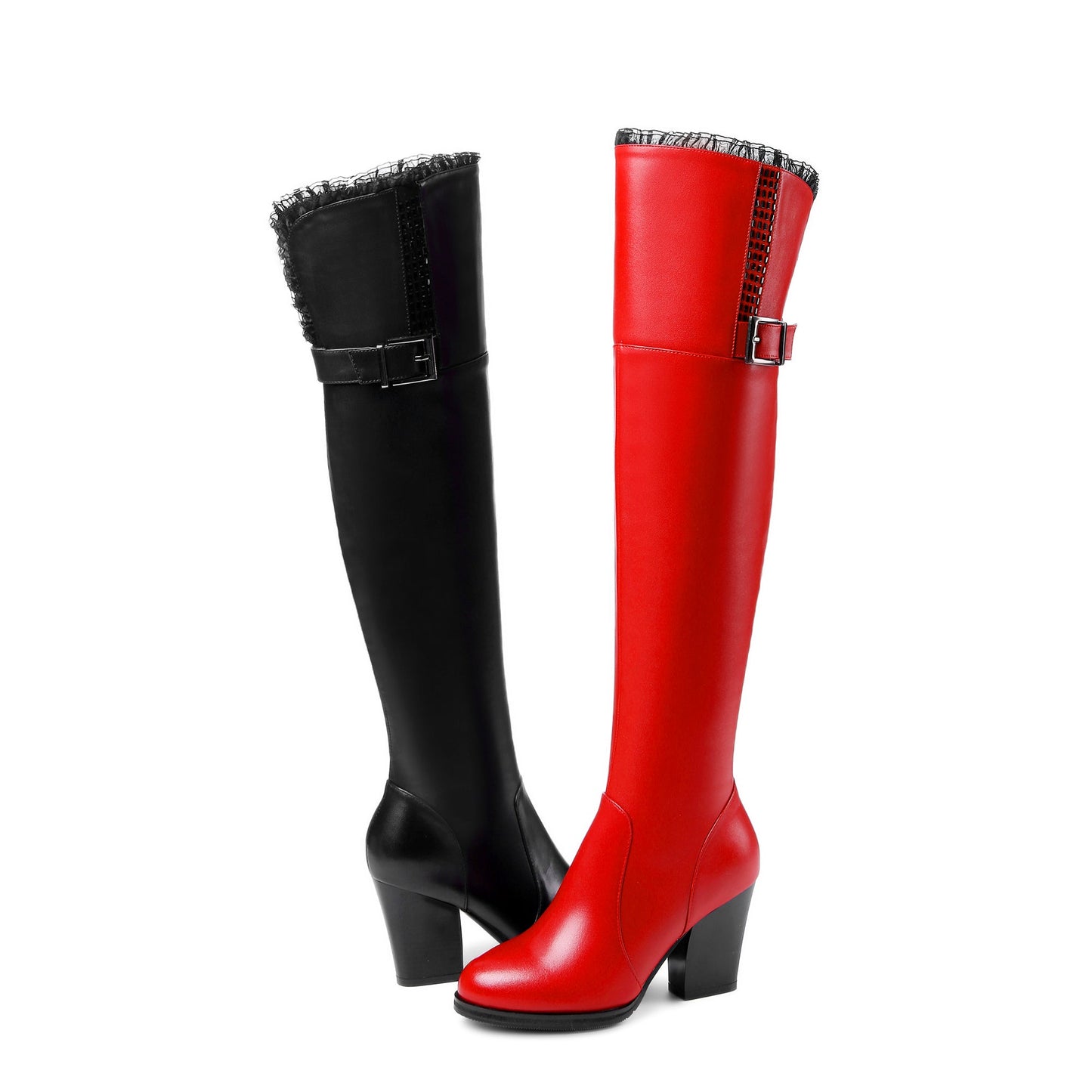 Nine Seven Genuine Leather Women's Handmade Round Toe Side Zip Up High Chunky Heel Over the Knee Boots with Cool Buckle