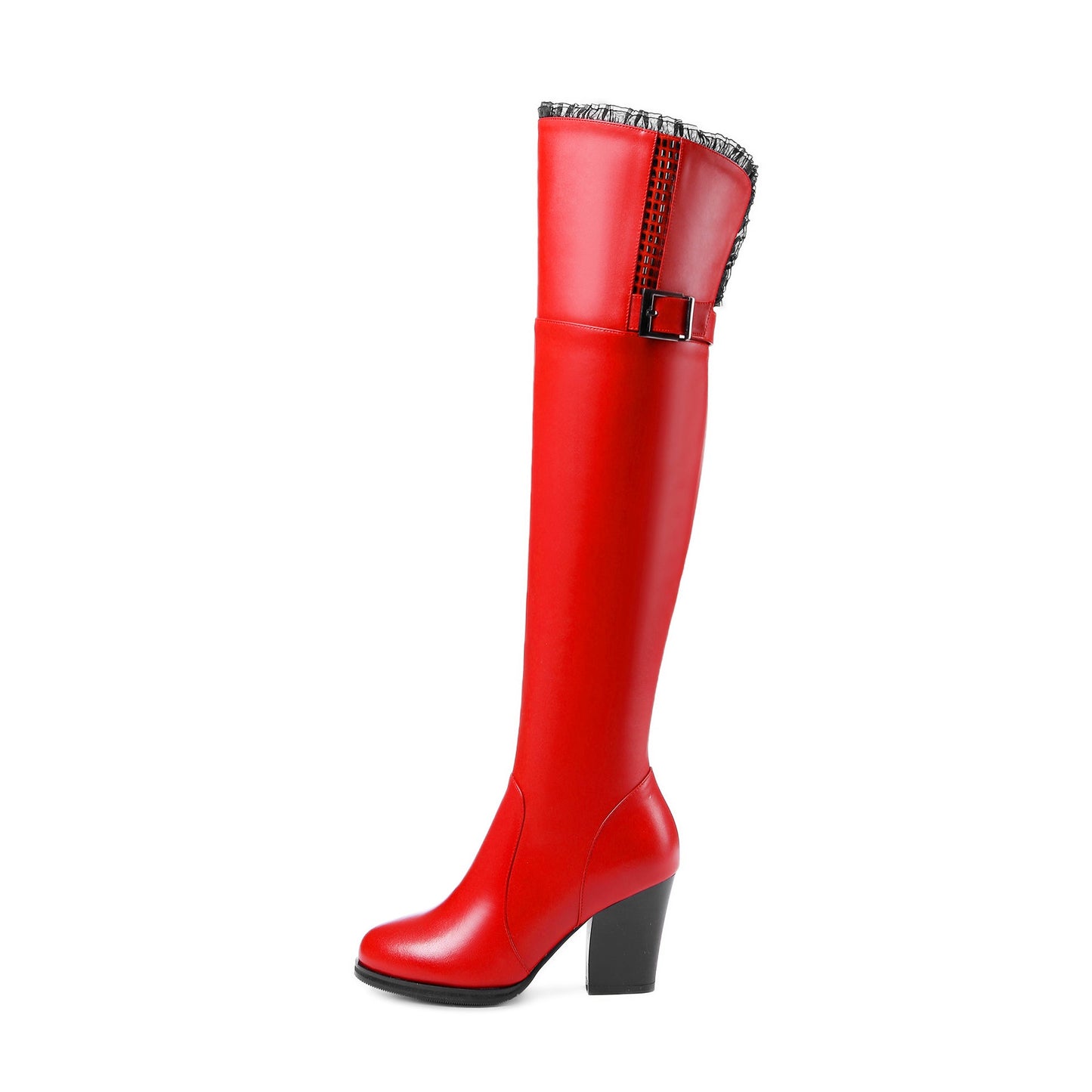 Nine Seven Genuine Leather Women's Handmade Round Toe Side Zip Up High Chunky Heel Over the Knee Boots with Cool Buckle