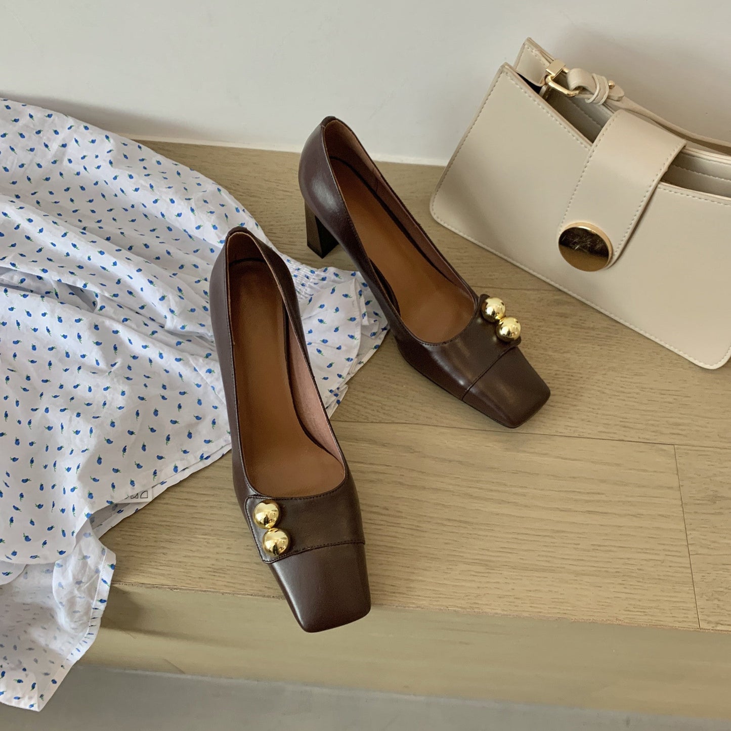 Nine Seven Women's Genuine Leather Square Toe Handmade Mid Brick Heels Slip On Fashion Pumps Shoes