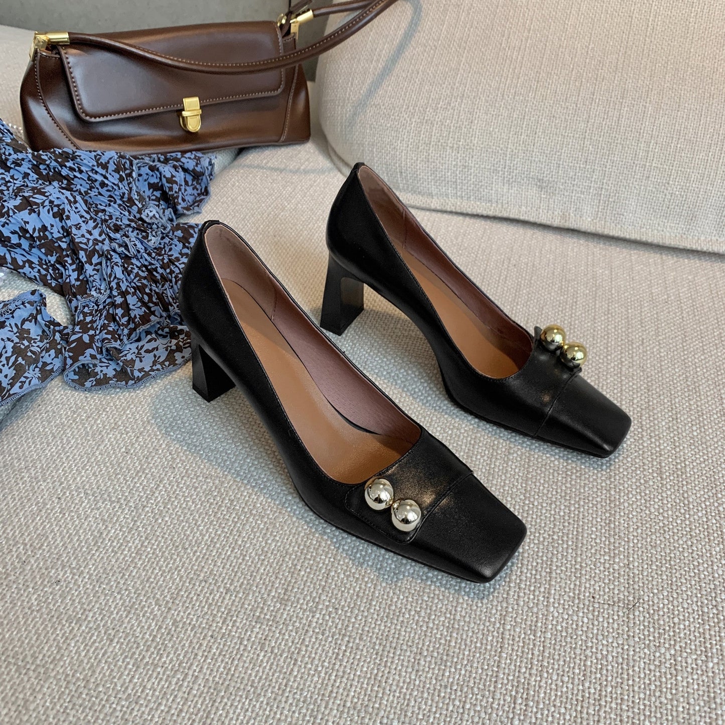 Nine Seven Women's Genuine Leather Square Toe Handmade Mid Brick Heels Slip On Fashion Pumps Shoes