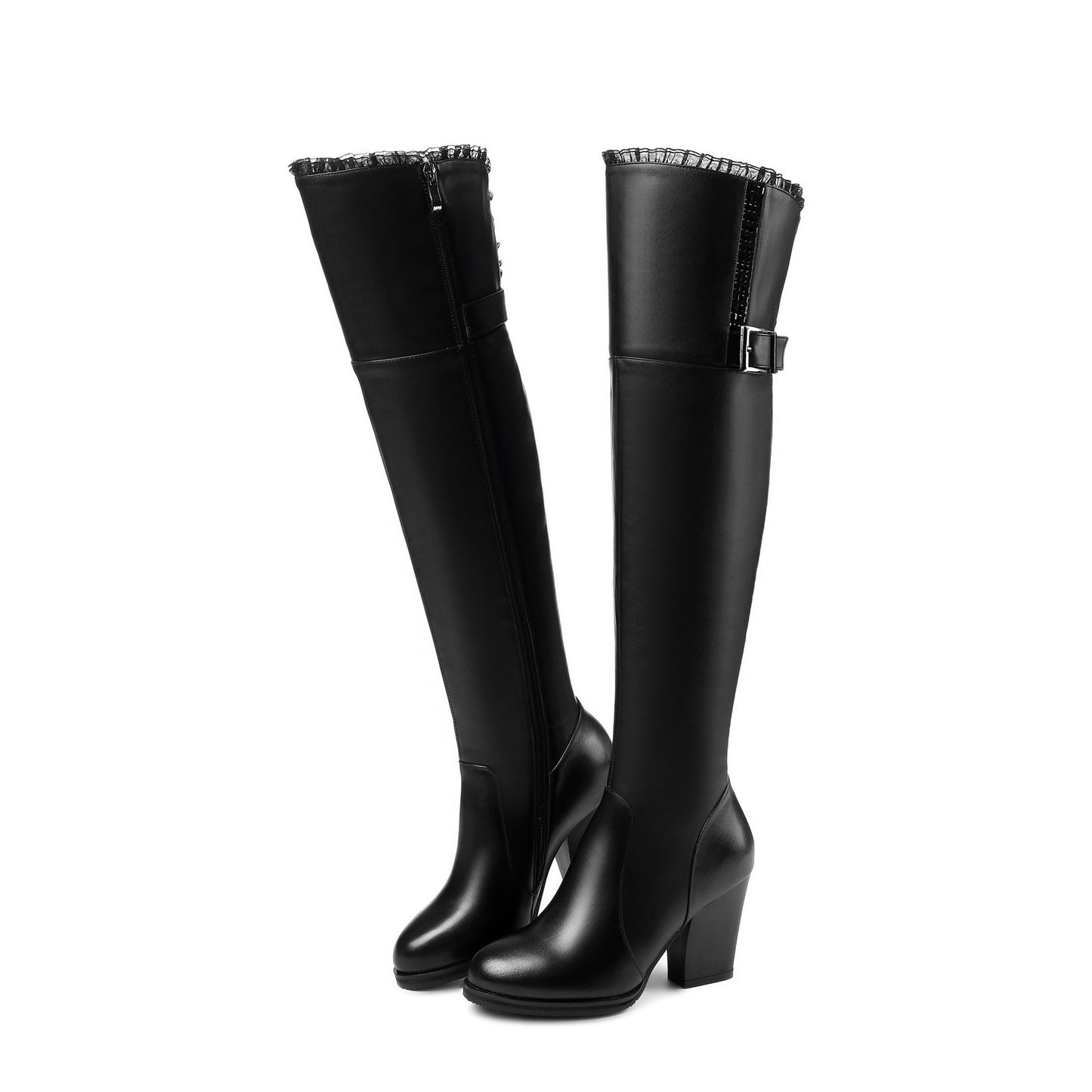 Nine Seven Genuine Leather Women's Handmade Round Toe Side Zip Up High Chunky Heel Over the Knee Boots with Cool Buckle