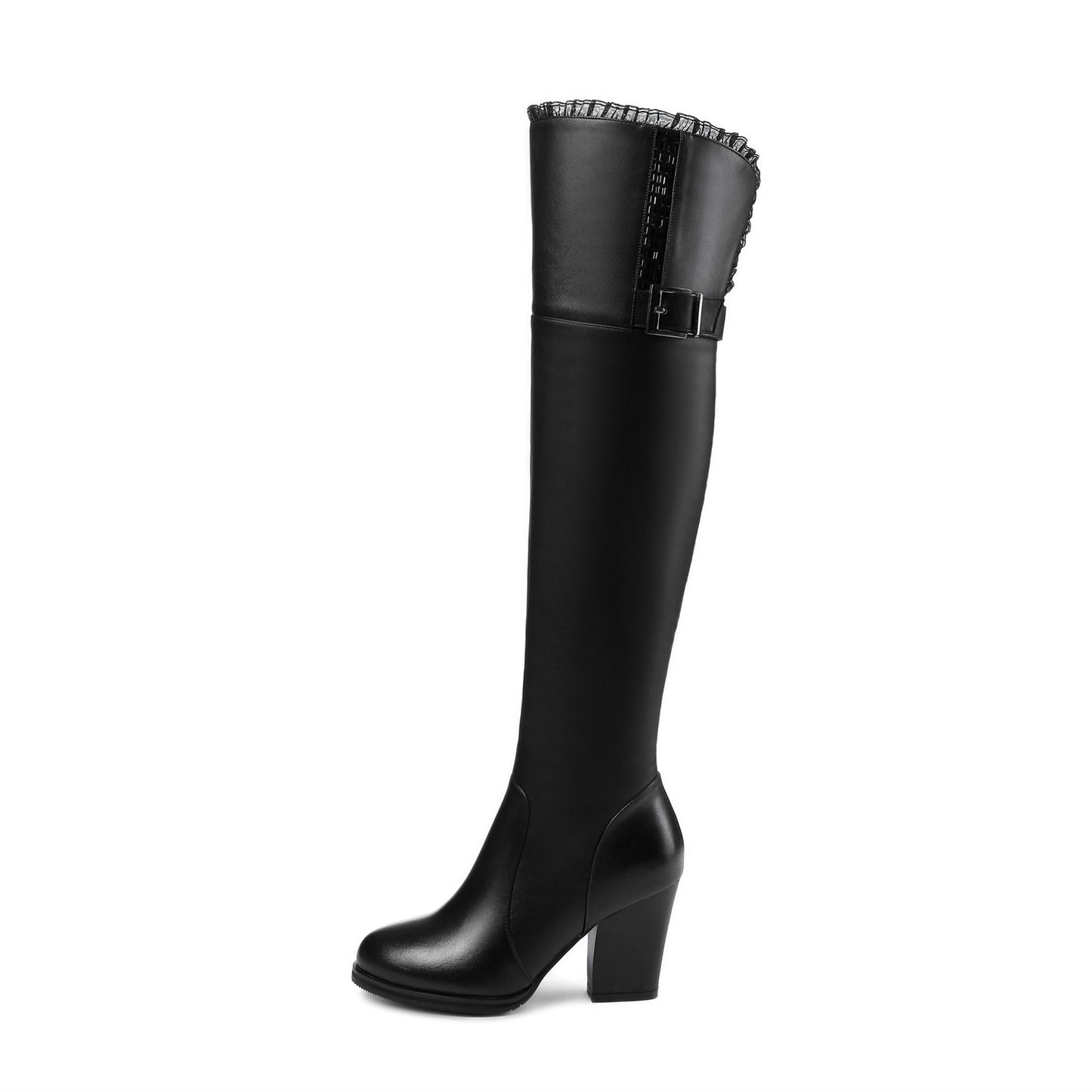 Nine Seven Genuine Leather Women's Handmade Round Toe Side Zip Up High Chunky Heel Over the Knee Boots with Cool Buckle
