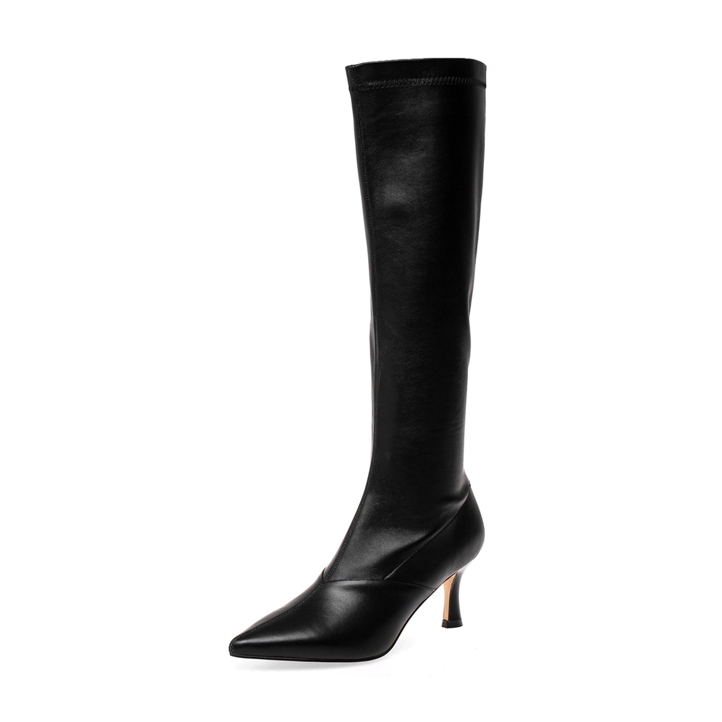 Nine Seven Women's Handmade Genuine Leather with Elastic Fabric Pointed Toe Side Zip Mid Heel Stylish Knee High Boots