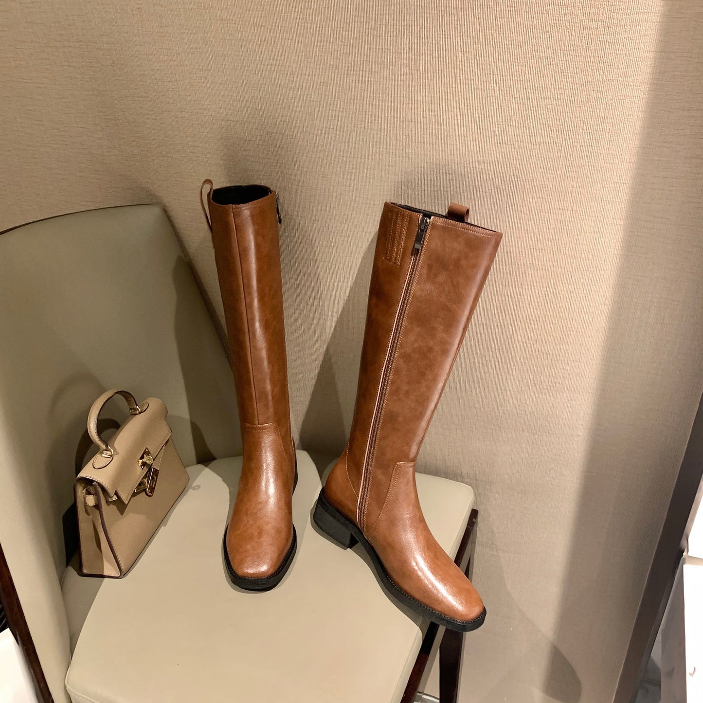 Nine Seven Women's Handmade Genuine Leather Round Toe Low Block Heel Side Zip Up Western Style Knee High Riding Boots