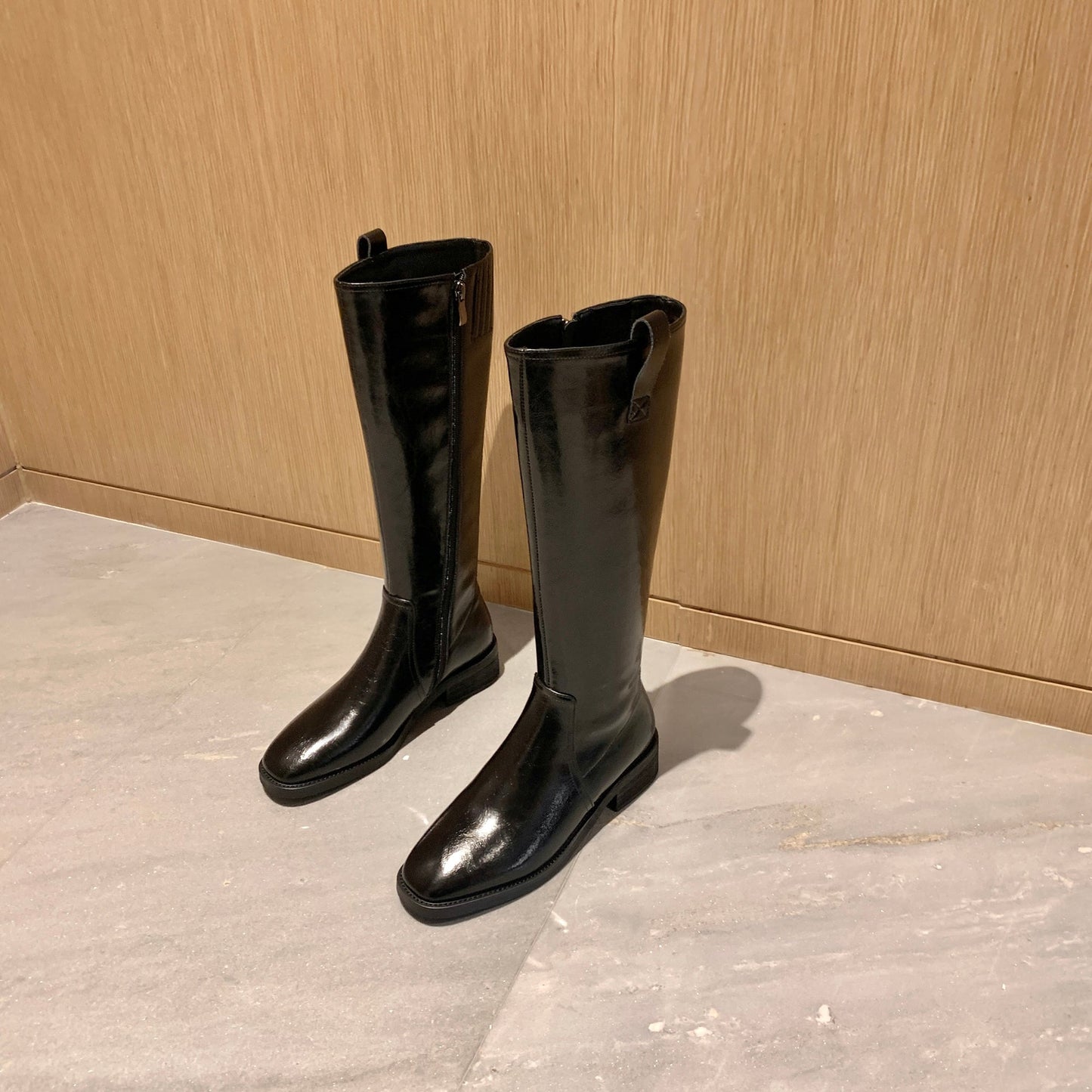 Nine Seven Women's Handmade Genuine Leather Round Toe Low Block Heel Side Zip Up Western Style Knee High Riding Boots