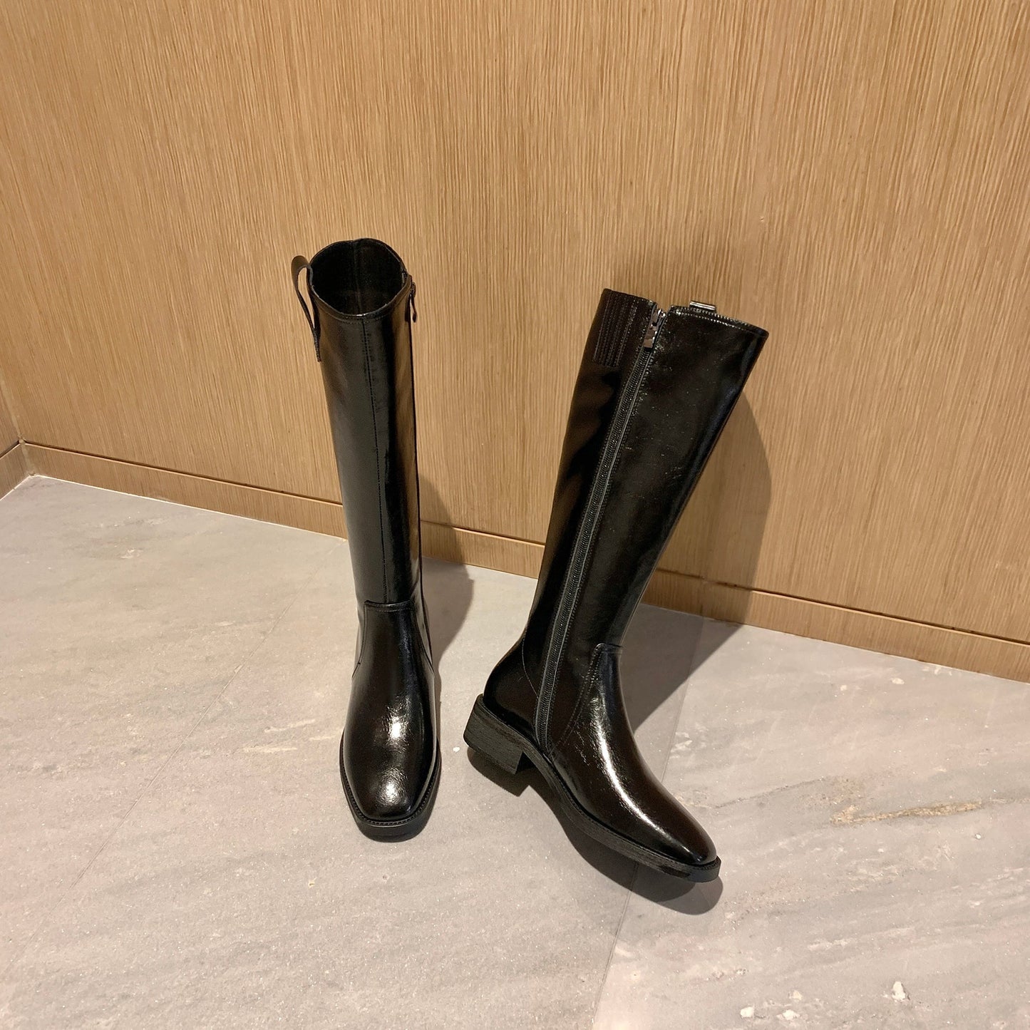 Nine Seven Women's Handmade Genuine Leather Round Toe Low Block Heel Side Zip Up Western Style Knee High Riding Boots