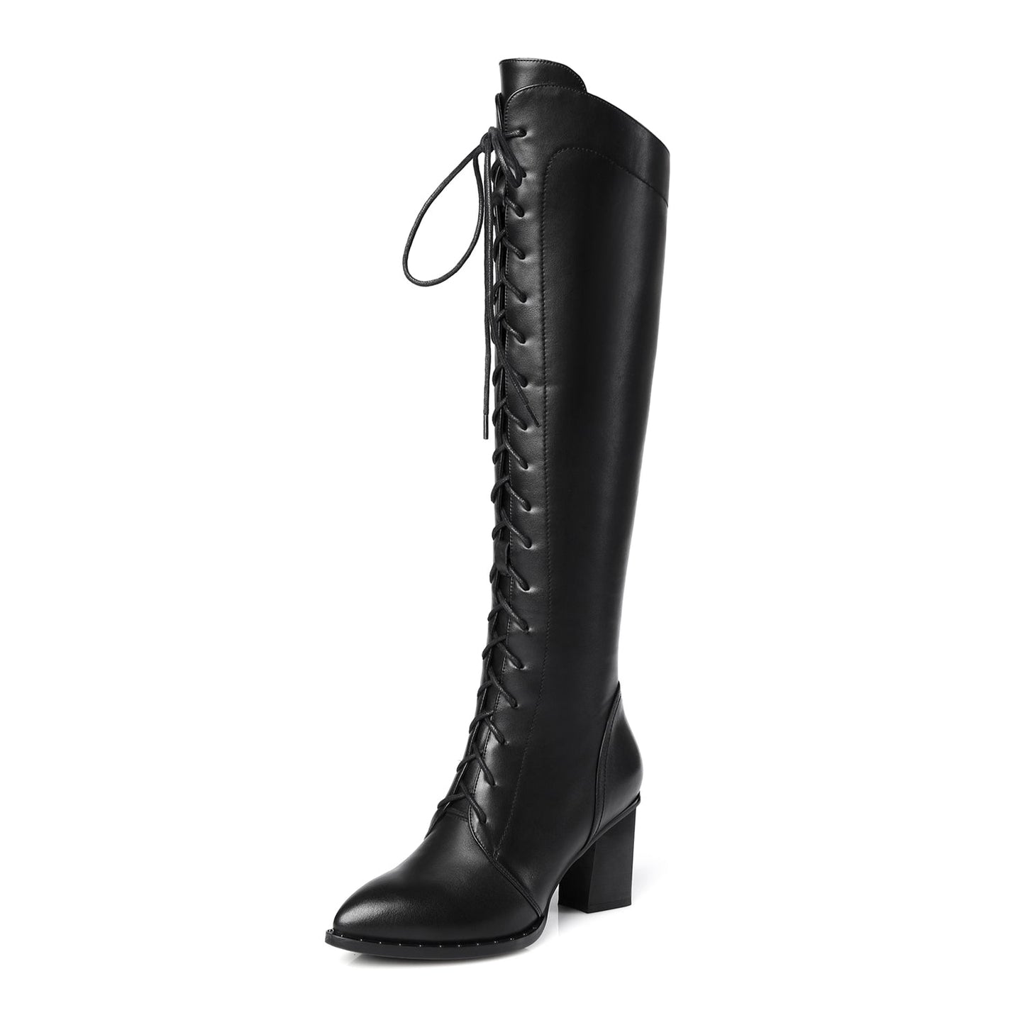 Nine Seven Women's Genuine Leather Pointed Toe Sylish Sleftie Handmade Side Zipper Mid Chunky Heel Knee High Boots