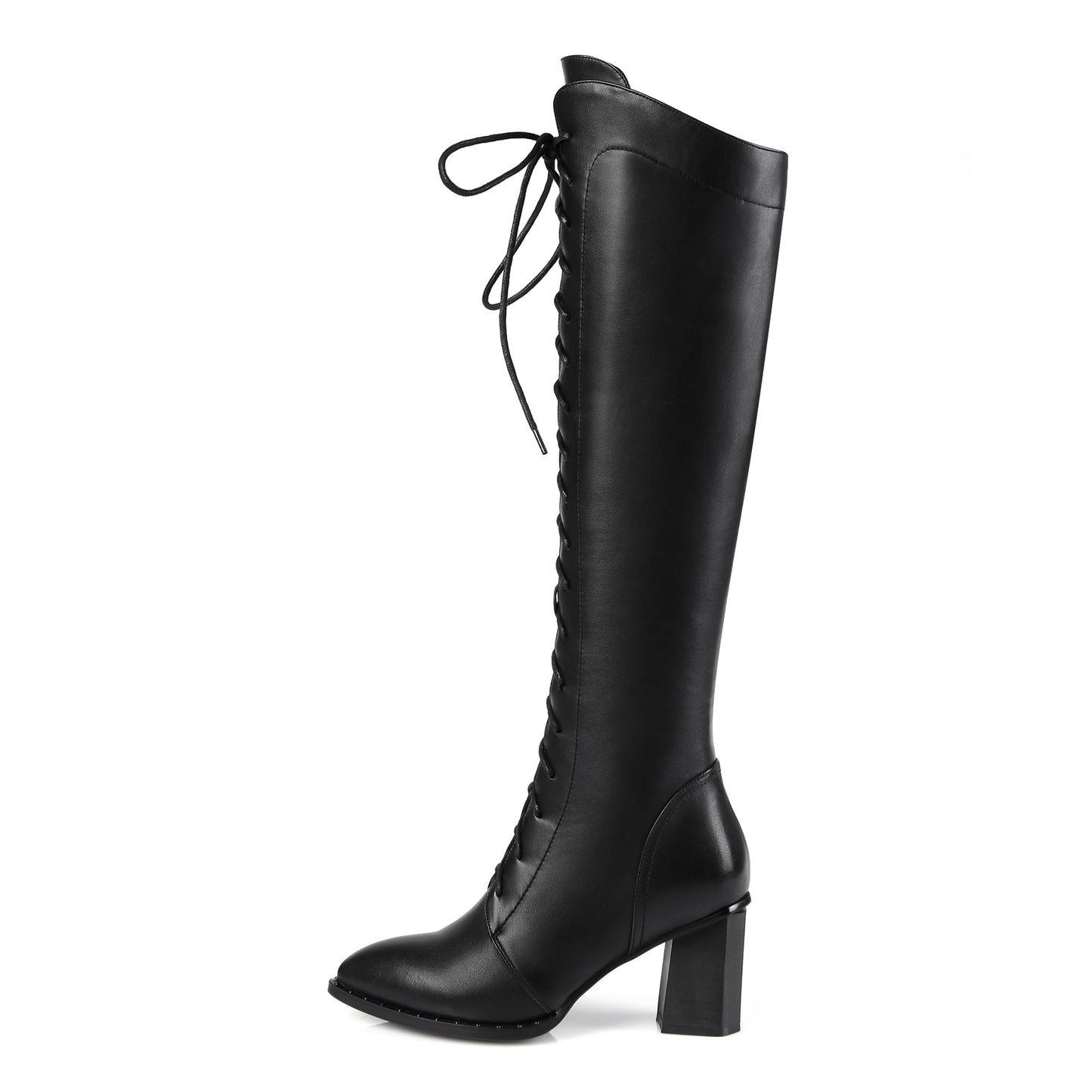 Nine Seven Women's Genuine Leather Pointed Toe Sylish Sleftie Handmade Side Zipper Mid Chunky Heel Knee High Boots