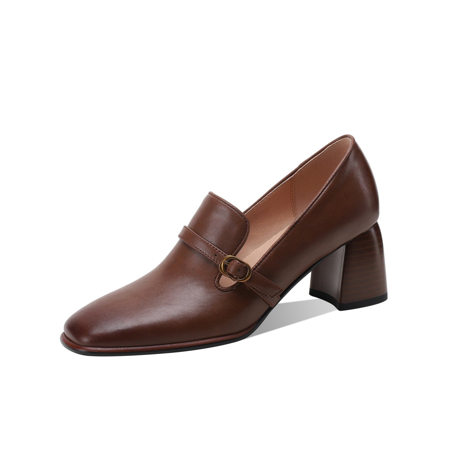 Nine Seven Women's Genuine Leather Square Toe Handmade Buckle Mid Chunky Heels Vintage Pumps Shoes