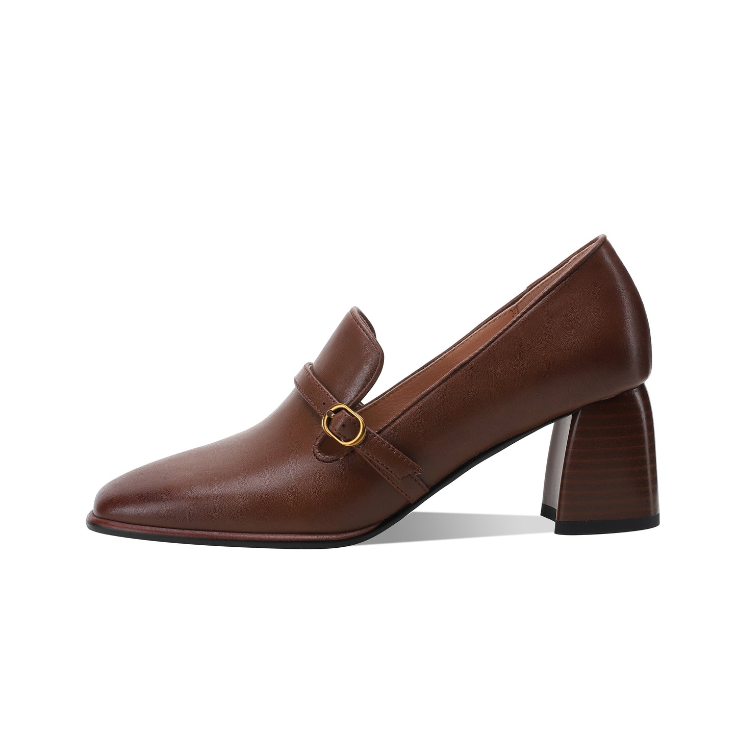 Nine Seven Women's Genuine Leather Square Toe Handmade Buckle Mid Chunky Heels Vintage Pumps Shoes