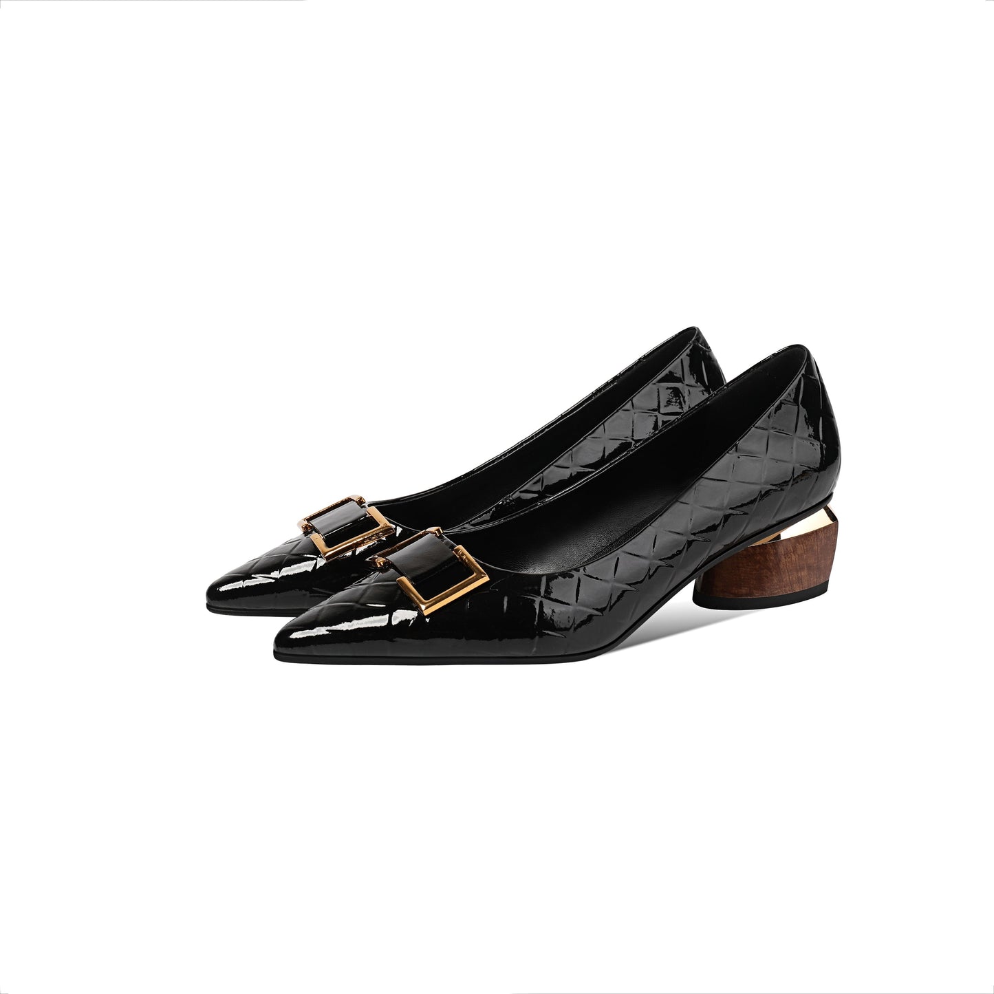 Nine Seven Women's Patent Leather Pointed Toe Handmade Low Chunky Heel Fashion Loafer Shoes with Buckle