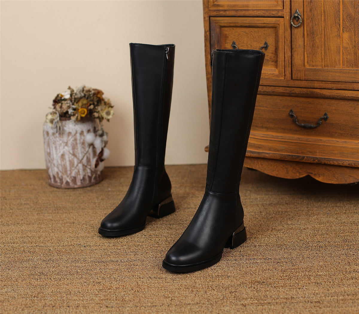 Nine Seven Women's Genuine Leather Round Toe Handmade Side Zipper Low Chunky Heels Classic Knee High Boots