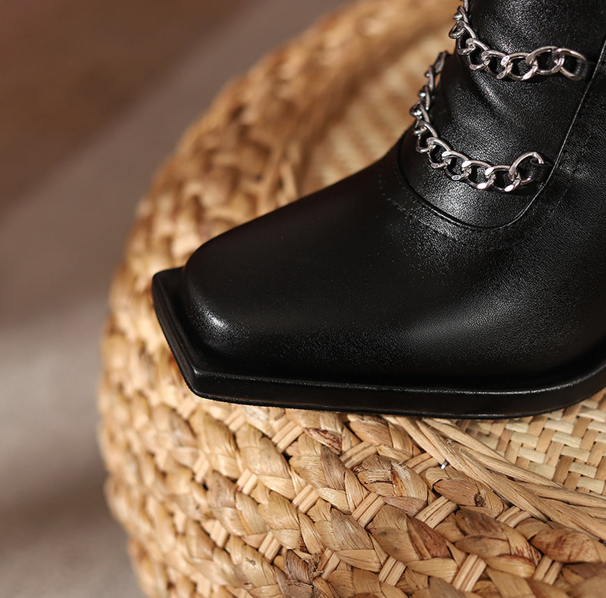 Nine Seven Women's Square Toe Genuine Leather Handmade Chains Deocr High Chunky Heel Boots with Back Zipper