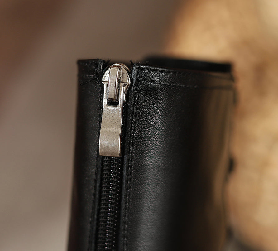 Nine Seven Women's Square Toe Genuine Leather Handmade Chains Deocr High Chunky Heel Boots with Back Zipper